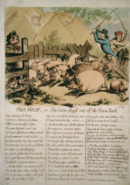 Schweinefleisch, oder Die Schweine aus dem Hof geprügelt, veröffentlicht von Hannah Humphrey im Jahr 1798 von James Gillray