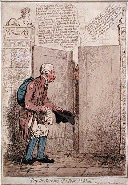 Erbarmt euch der Sorgen eines armen alten Mannes, veröffentlicht von Hannah Humphrey im Jahr 1796 von James Gillray