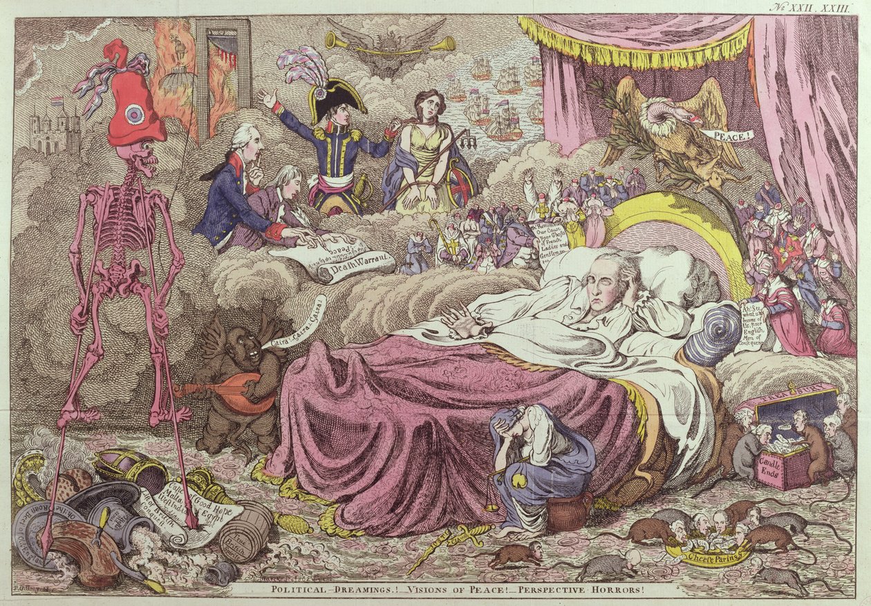 Politische Träumereien, Visionen des Friedens, zukünftige Schrecken, Karikatur zum Frieden von Amiens, 25. März 1802 von James Gillray