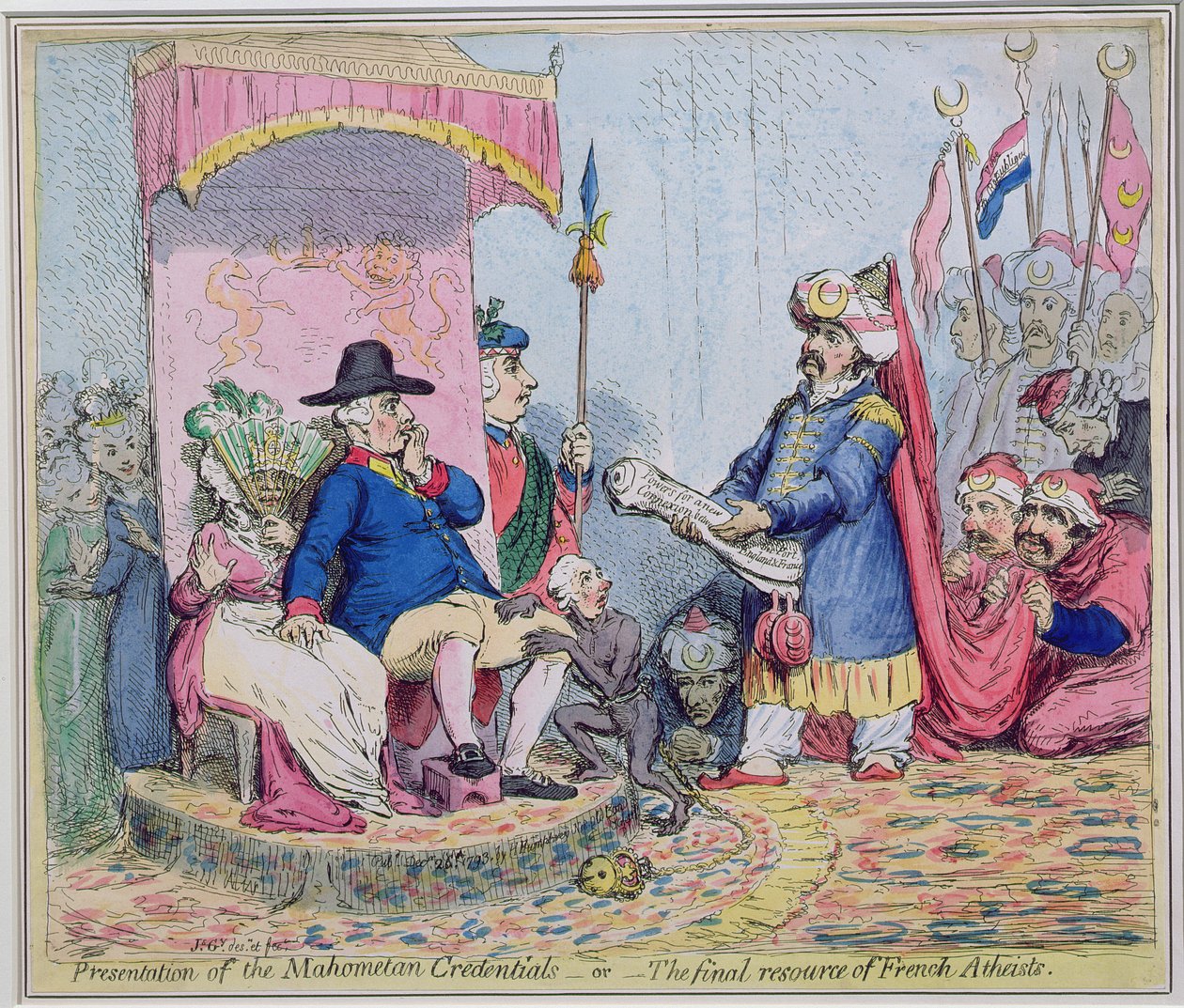 Präsentation der Mahometanischen Beglaubigungsschreiben, oder Die letzte Zuflucht des französischen Atheisten von James Gillray