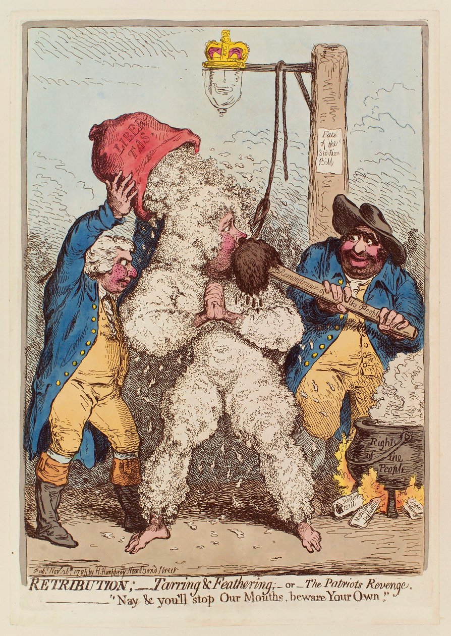 Vergeltung: Teeren und Federn oder Die Rache des Patrioten, veröffentlicht 1795, handkolorierte Gravur von James Gillray