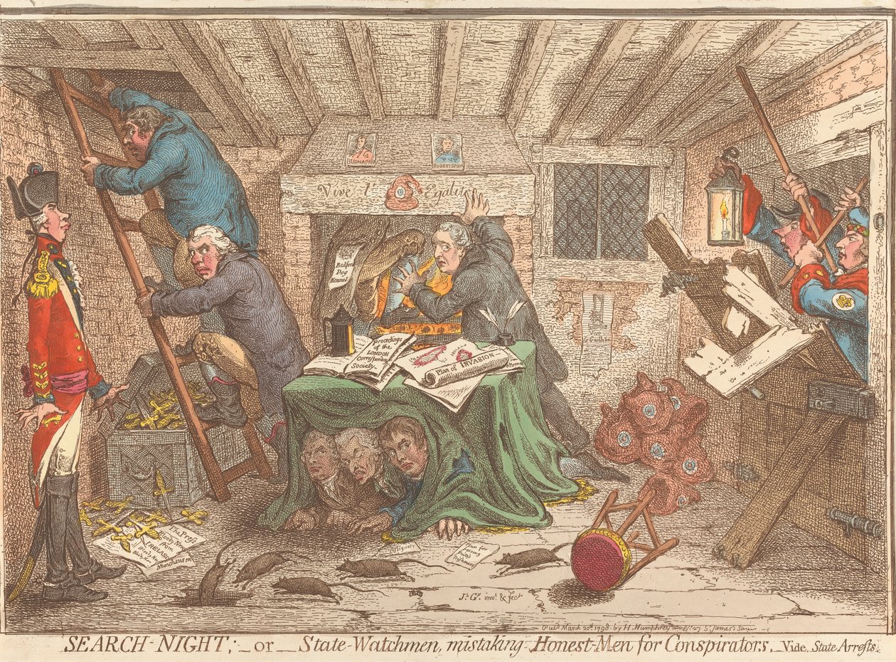 Such-Nacht; oder - Staatswächter, die ehrliche Männer für Verschwörer halten - Siehe, Staatsverhaftungen von James Gillray