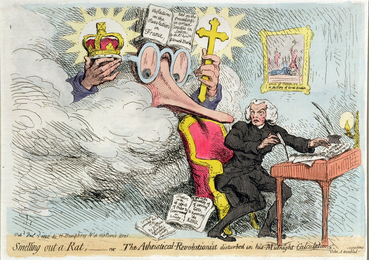 Eine Ratte aufspüren, oder Der atheistische Revolutionär in seinen Mitternachtsberechnungen gestört, veröffentlicht von Hannah Humphrey 1790 von James Gillray
