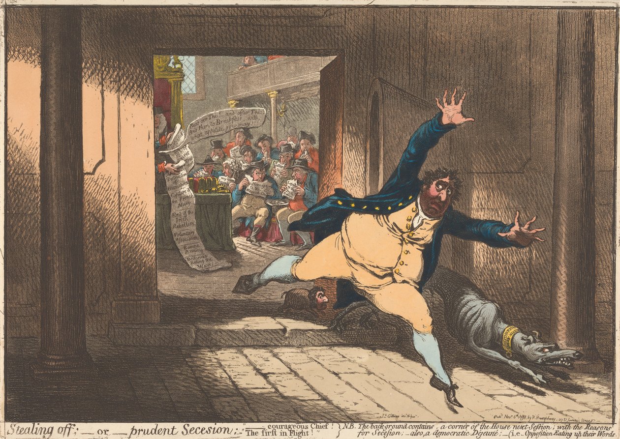 Heimliches Davonschleichen; - oder - Vorsichtige Abspaltung. "Mutiger Häuptling Der Erste im Flucht" von James Gillray