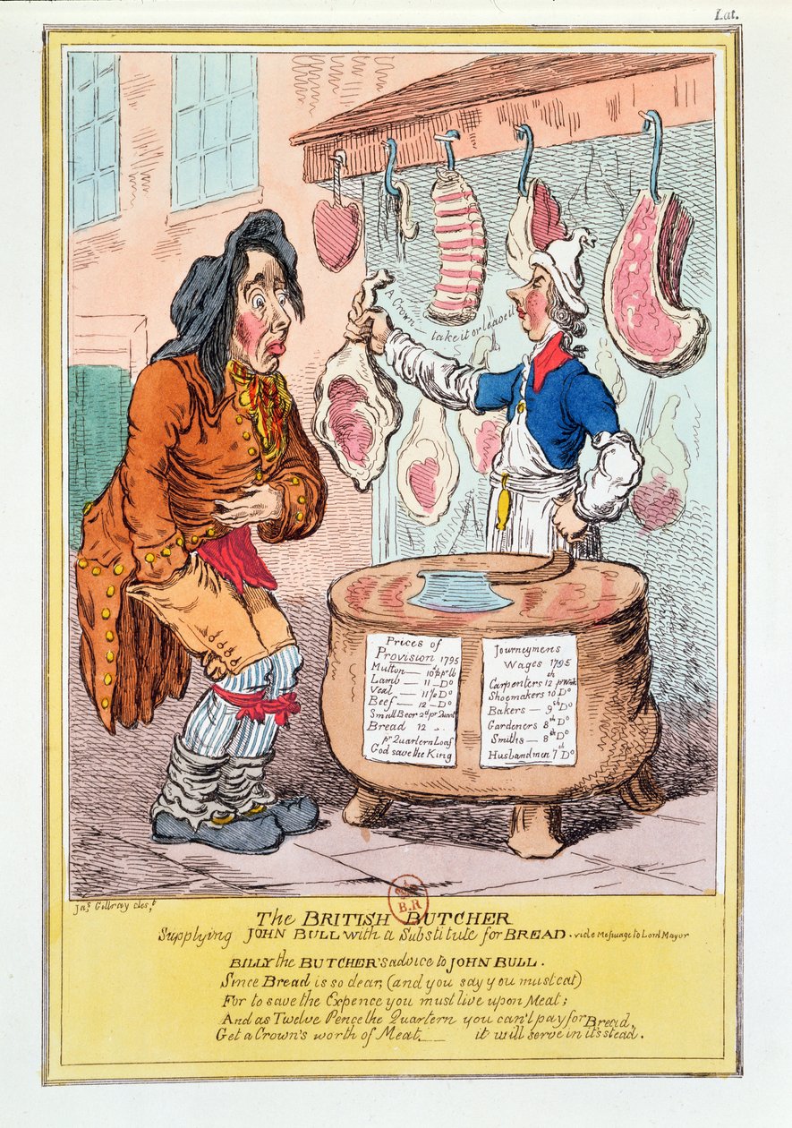 Der britische Metzger versorgt John Bull mit einem Ersatz für Brot, 1795 von James Gillray