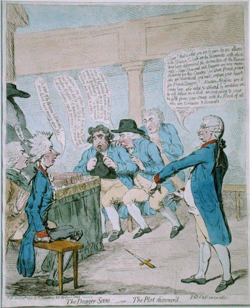Die Dolchszene, oder Die Entdeckung des Komplotts, veröffentlicht von Hannah Humphrey im Jahr 1792 von James Gillray