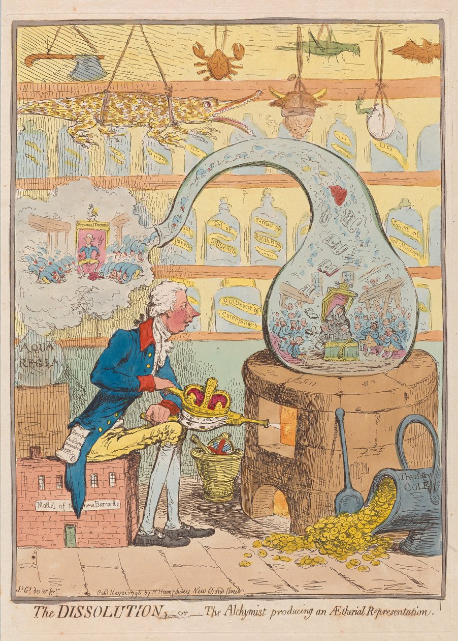 Die Auflösung oder der Alchemist erzeugt eine ätherische Darstellung, veröffentlicht 1796 von James Gillray