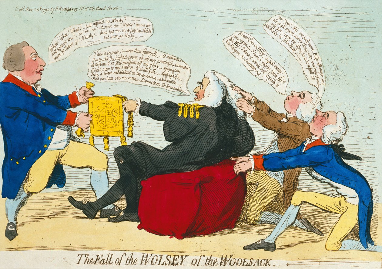 Der Fall des Wolsey des Wollsacks, veröffentlicht von Hannah Humphrey in 1792 von James Gillray