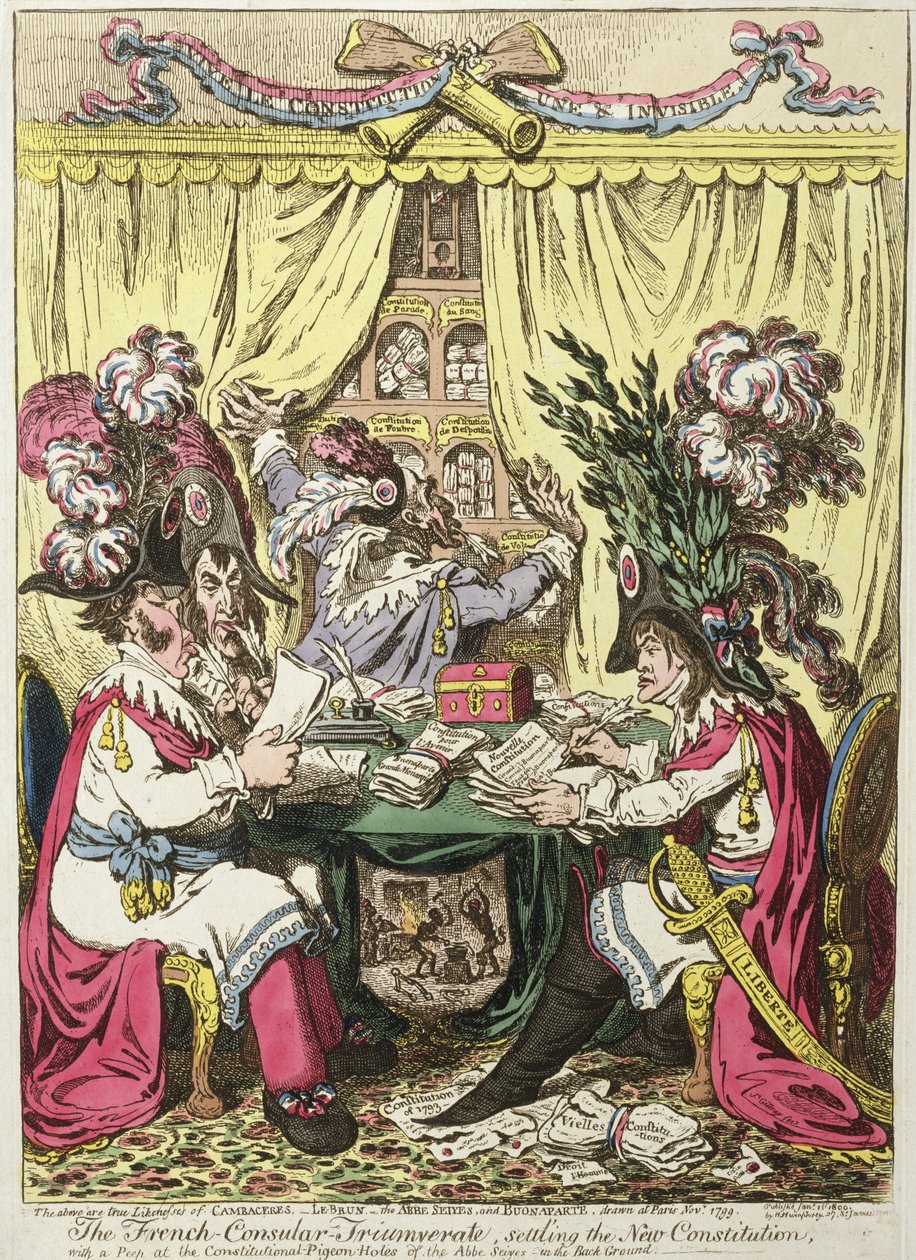 Das französische Konsulartriumvirat regelt die neue Verfassung mit einem Blick auf die Verfassungstaubenlöcher von Abbe Sieyes im Hintergrund, veröffentlicht von Hannah Humphrey im Jahr 1800 von James Gillray