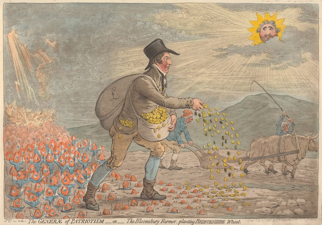 Der General des Patriotismus, oder der Bloomsbury-Bauer, der Bedfordshire-Weizen pflanzt von James Gillray