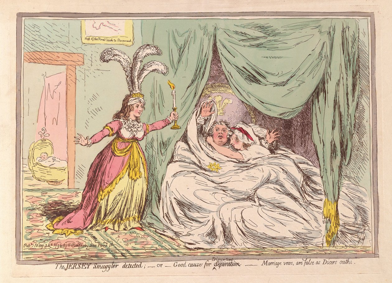 Der Jersey-Schmuggler entdeckt, oder guter Grund für die Trennung, Ehegelübde sind so falsch wie die Eide der Würfelspieler, veröffentlicht 1796 von James Gillray