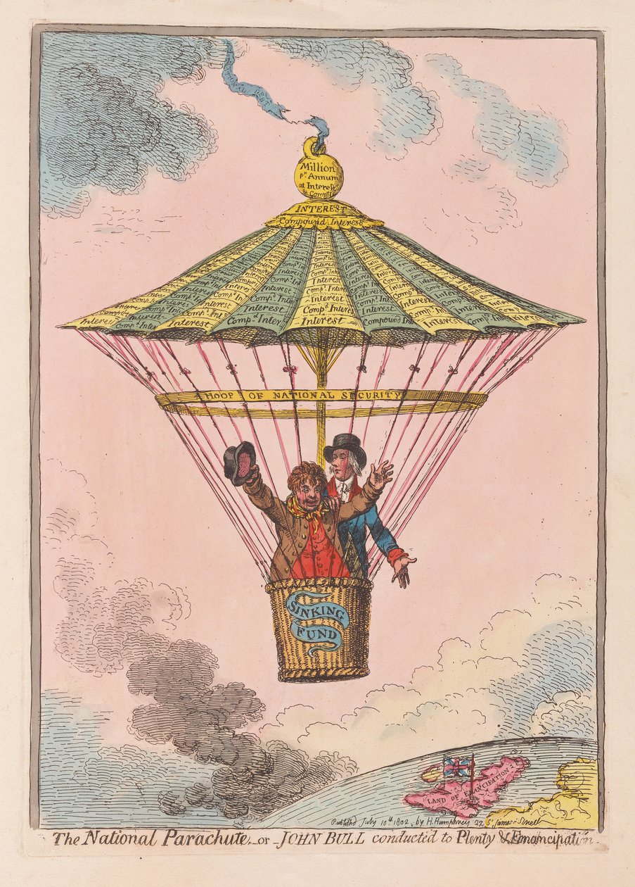 Der nationale Fallschirm oder John Bull geführt zu Wohlstand und Emanzipation, veröffentlicht 1802 (handkolorierte Gravur) von James Gillray