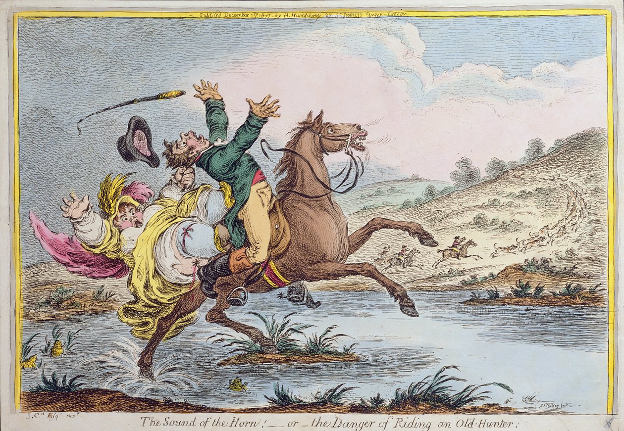 Der Klang des Horns oder Die Gefahr, einen alten Jäger zu reiten, veröffentlicht von Hannah Humphrey im Jahr 1807 von James Gillray