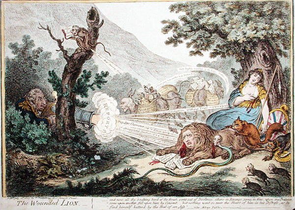 Der verwundete Löwe, veröffentlicht von Hannah Humphrey im Jahr 1805 von James Gillray