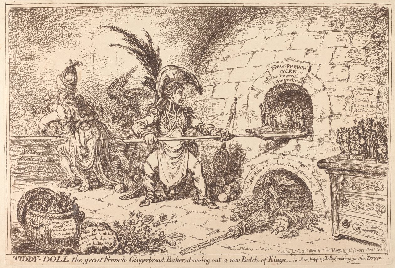 Tiddy-Doll, der große Lebkuchenbäcker, zieht eine neue Charge Könige heraus von James Gillray