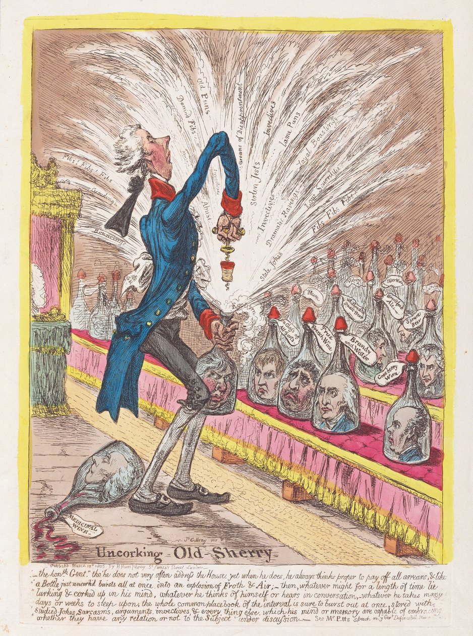 Entkorken von altem Sherry, veröffentlicht 1805 von James Gillray