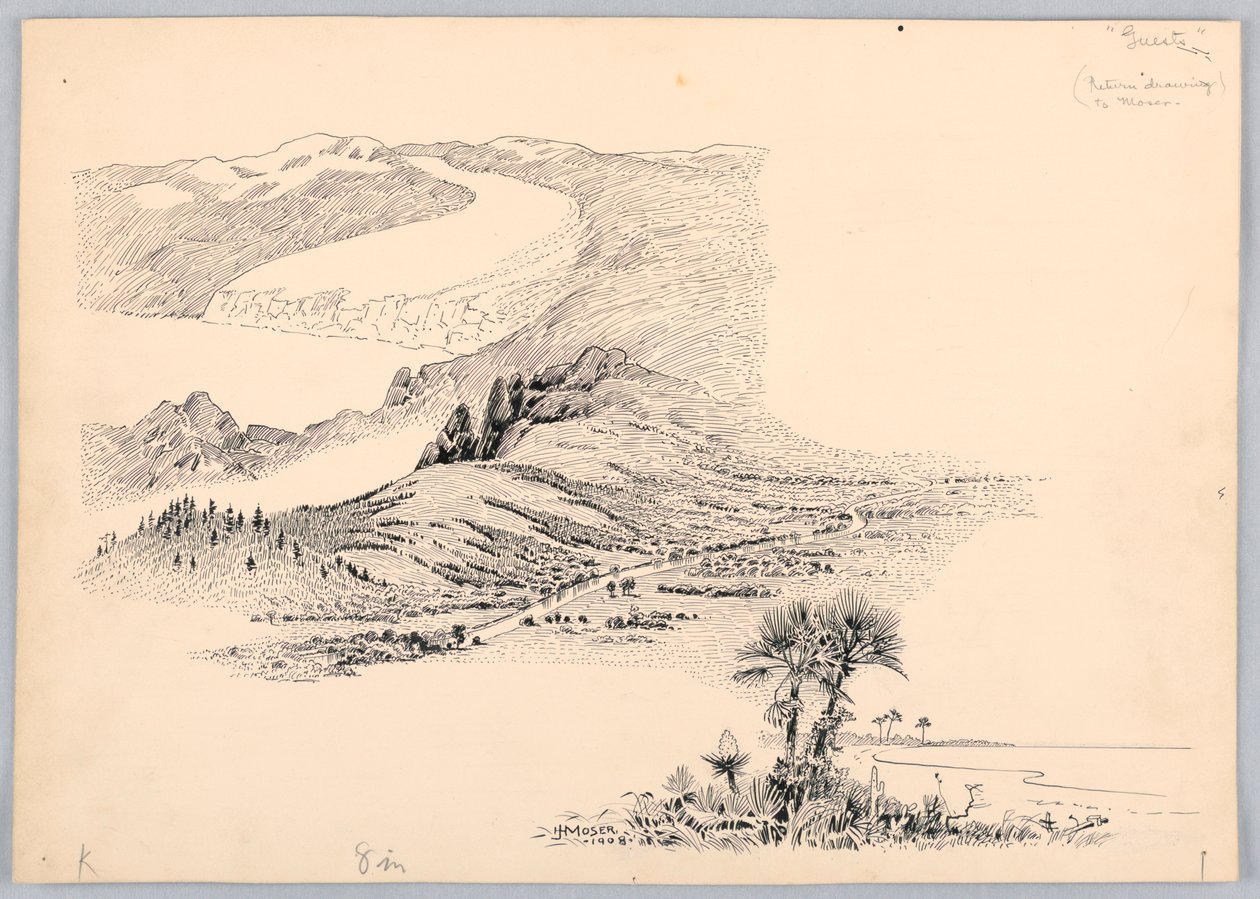 Drei Landschaften, Entwurf für das Washington Board of Trade Dinner, 13. Mai 1908 von James Henry Moser