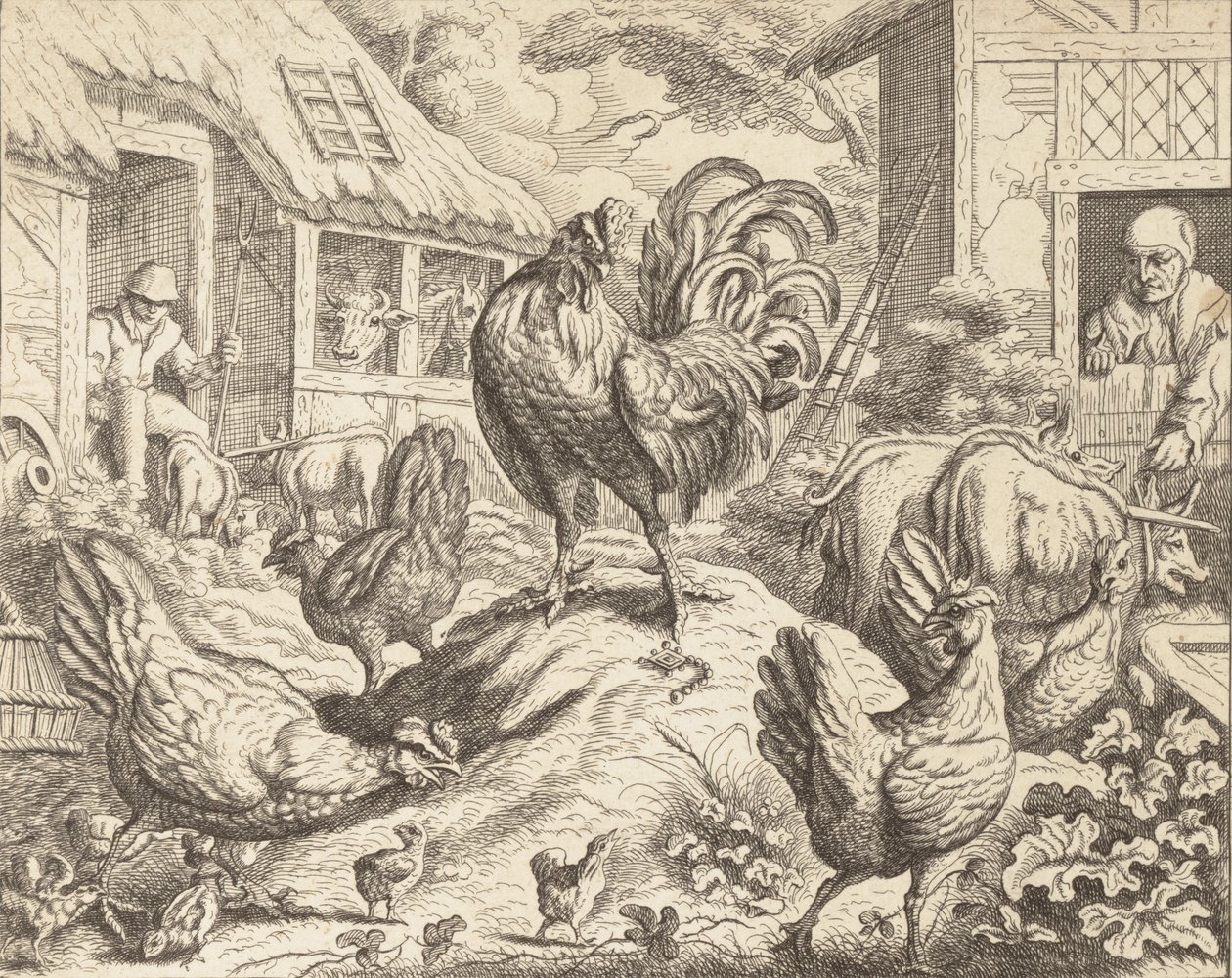 Der Hahn und der kostbare Stein, aus Äsops Fabeln, ca. 1760 von James Kirk