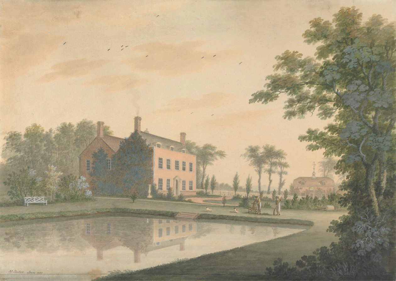 Südansicht eines Hauses in Ringmer mit arbeitenden Gärtnern von James Lambert  of Lewes