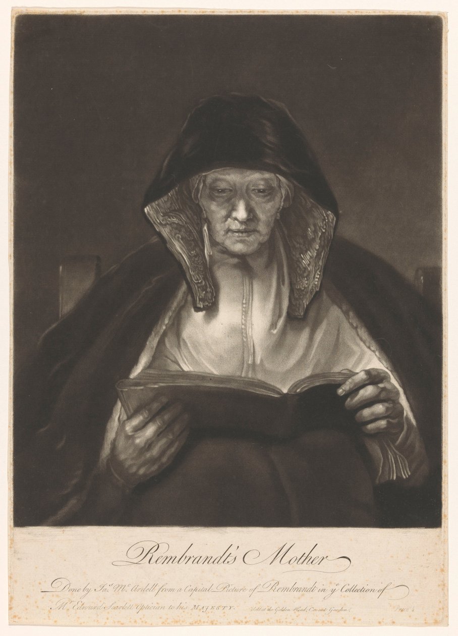Porträt einer alten lesenden Frau (Rembrandts Mutter) von James McArdell