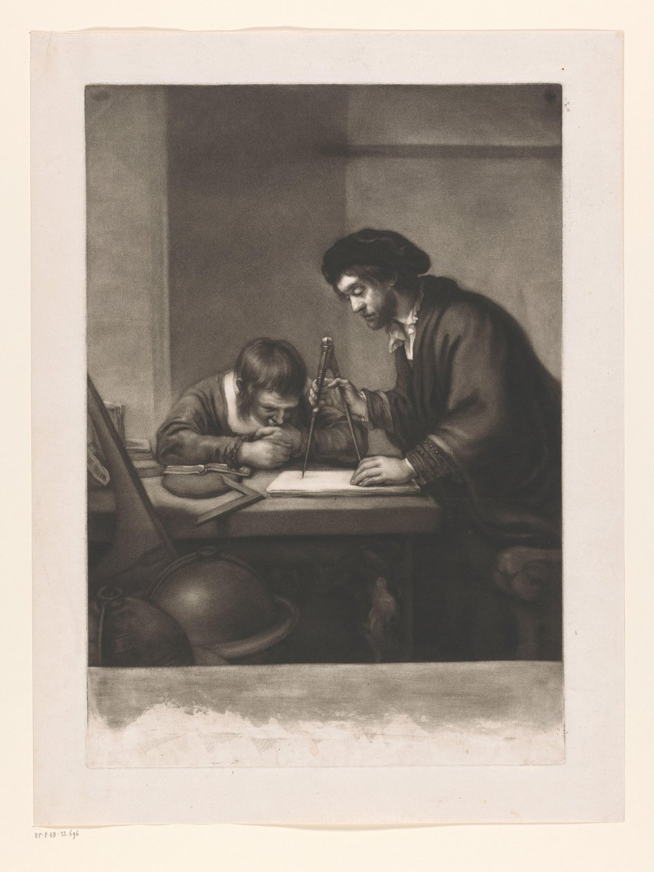 Stehender Mann mit Zirkel und Junge, der an einem Tisch sitzt von James McArdell