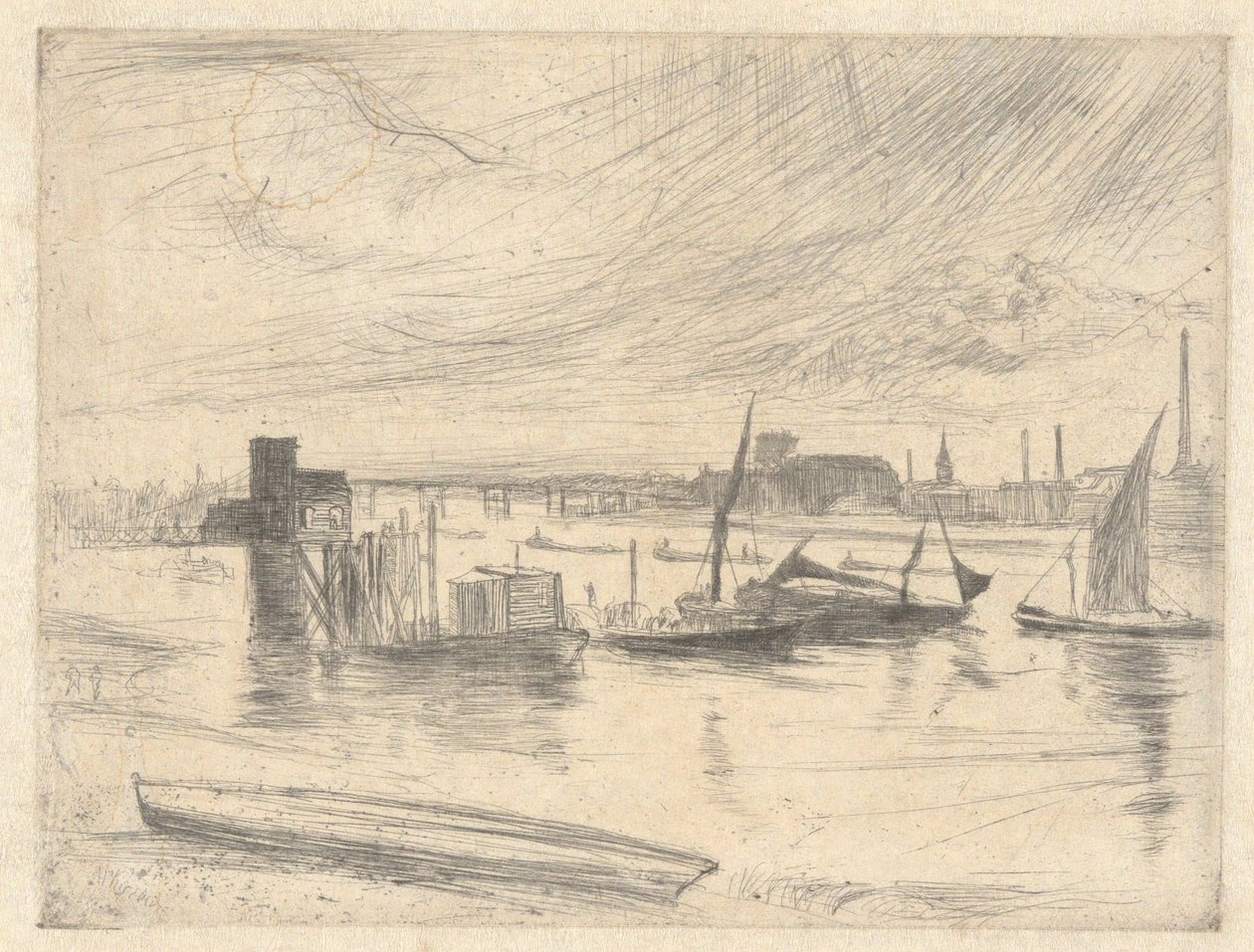 Morgendämmerung in Battersea (Cadogan Pier), aus der Themse-Serie (Eine Serie von sechzehn Radierungen mit Ansichten der Themse und anderen Motiven) von James McNeill Whistler