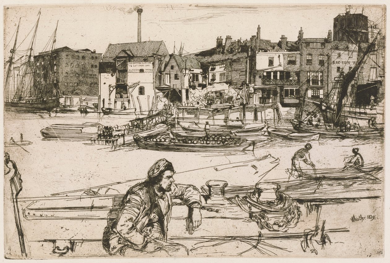 Black Lion Wharf, aus der Thames Set (Eine Serie von sechzehn Radierungen von Szenen an der Themse und anderen Motiven) von James Abbott McNeill Whistler