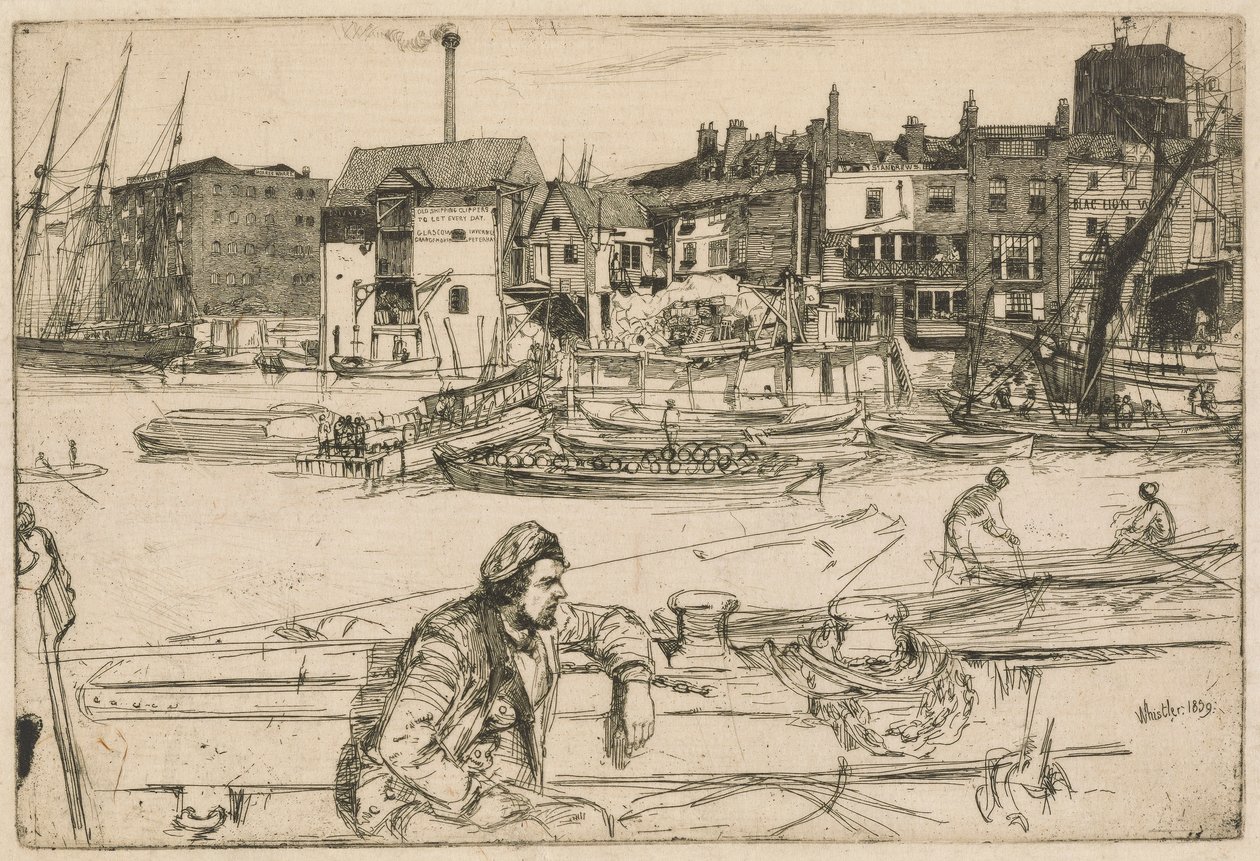 Black Lion Wharf, aus der Thames Set (Eine Serie von sechzehn Radierungen von Szenen an der Themse und anderen Motiven) von James Abbott McNeill Whistler