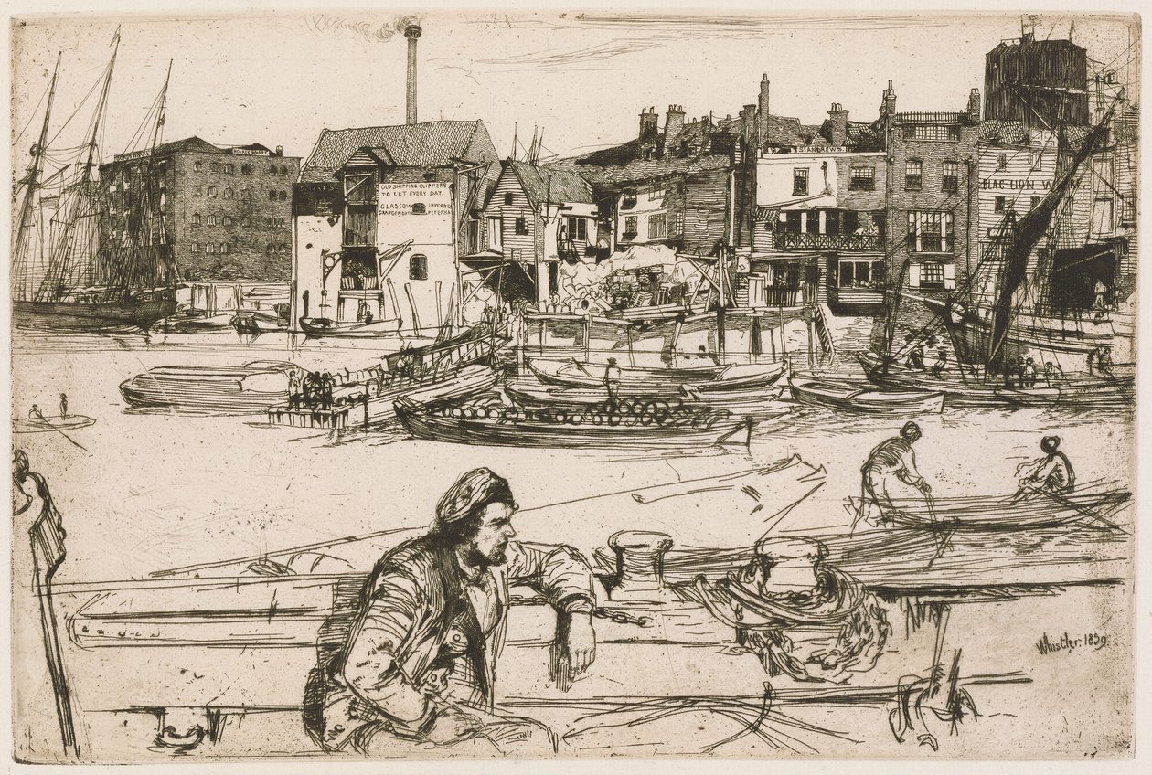 Black Lion Wharf, aus der Thames Set (Eine Serie von sechzehn Radierungen von Szenen an der Themse und anderen Motiven) von James McNeill Whistler