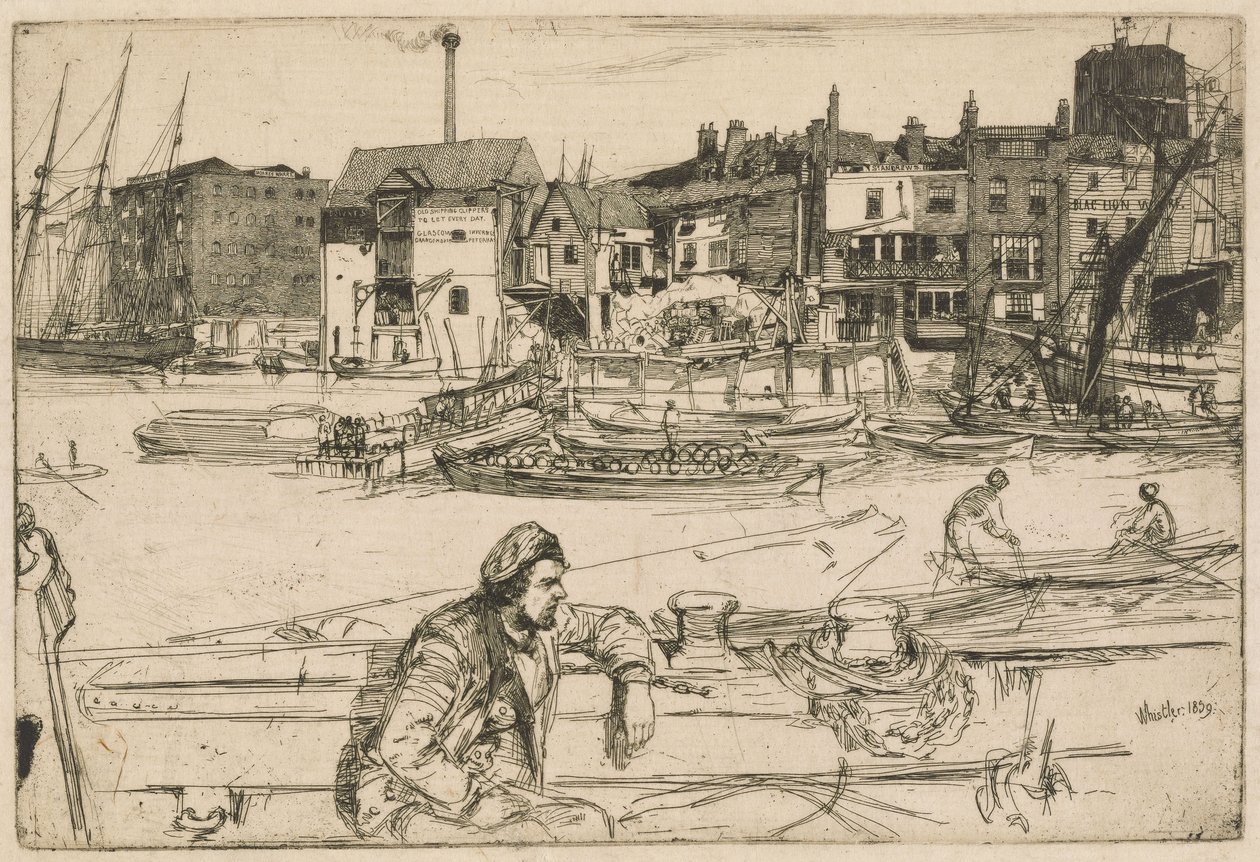 Black Lion Wharf, aus dem Thames Set (Eine Serie von sechzehn Radierungen von Szenen an der Themse und anderen Motiven) von James McNeill Whistler