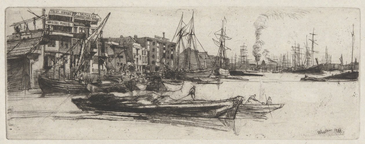 Thames-Lagerhaus, aus der Thames-Serie (Eine Serie von sechzehn Radierungen von Szenen an der Themse und anderen Motiven) von James Abbott McNeill Whistler