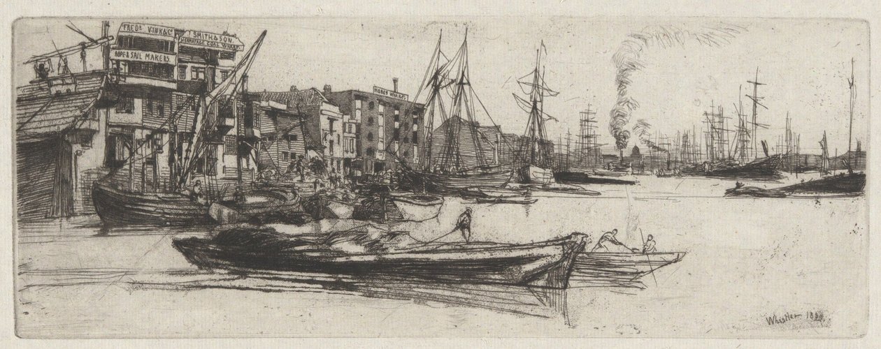 Thames Warehouse, aus der Thames Set (Eine Serie von sechzehn Radierungen von Szenen auf der Themse und anderen Themen) von James McNeill Whistler