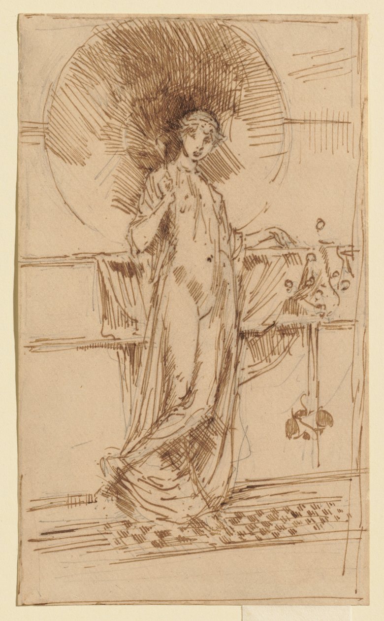 Frau mit Sonnenschirm (Skizze von "Harmonie in Blau und Gold") von James McNeill Whistler