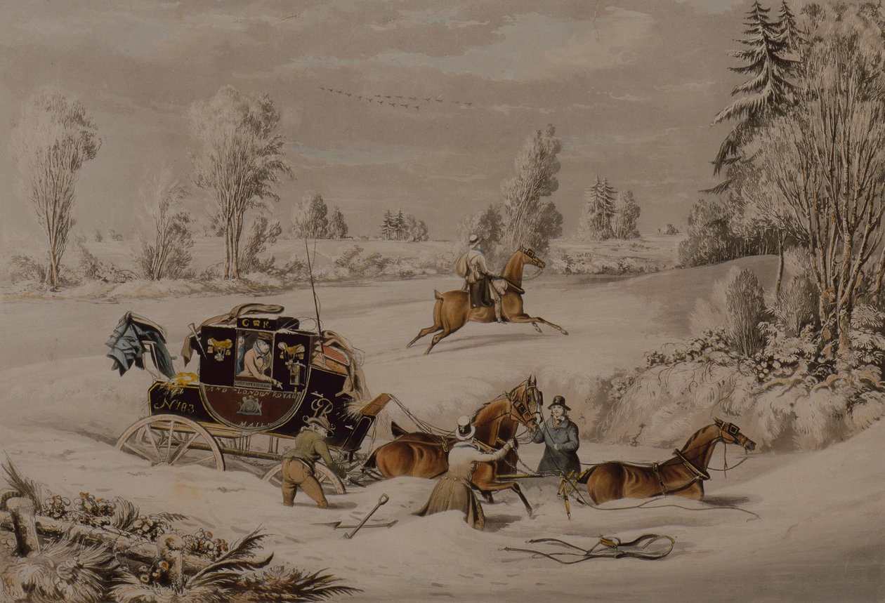 Die Postkutsche in einem Schneeverwehung von James Pollard