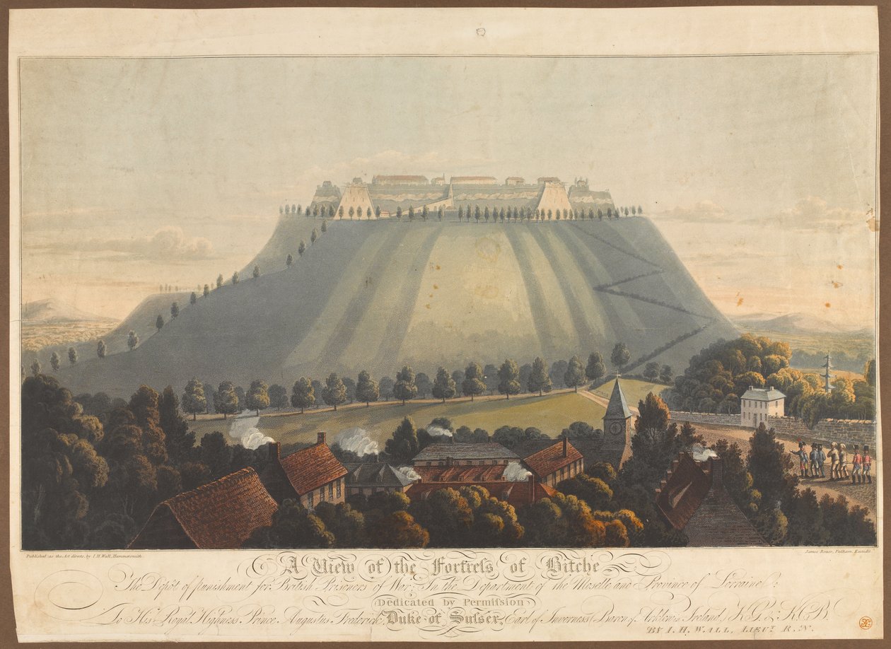 Ein Blick auf die Festung von Bitche. Ein Straflager für britische Kriegsgefangene, 1799 von James Rouse