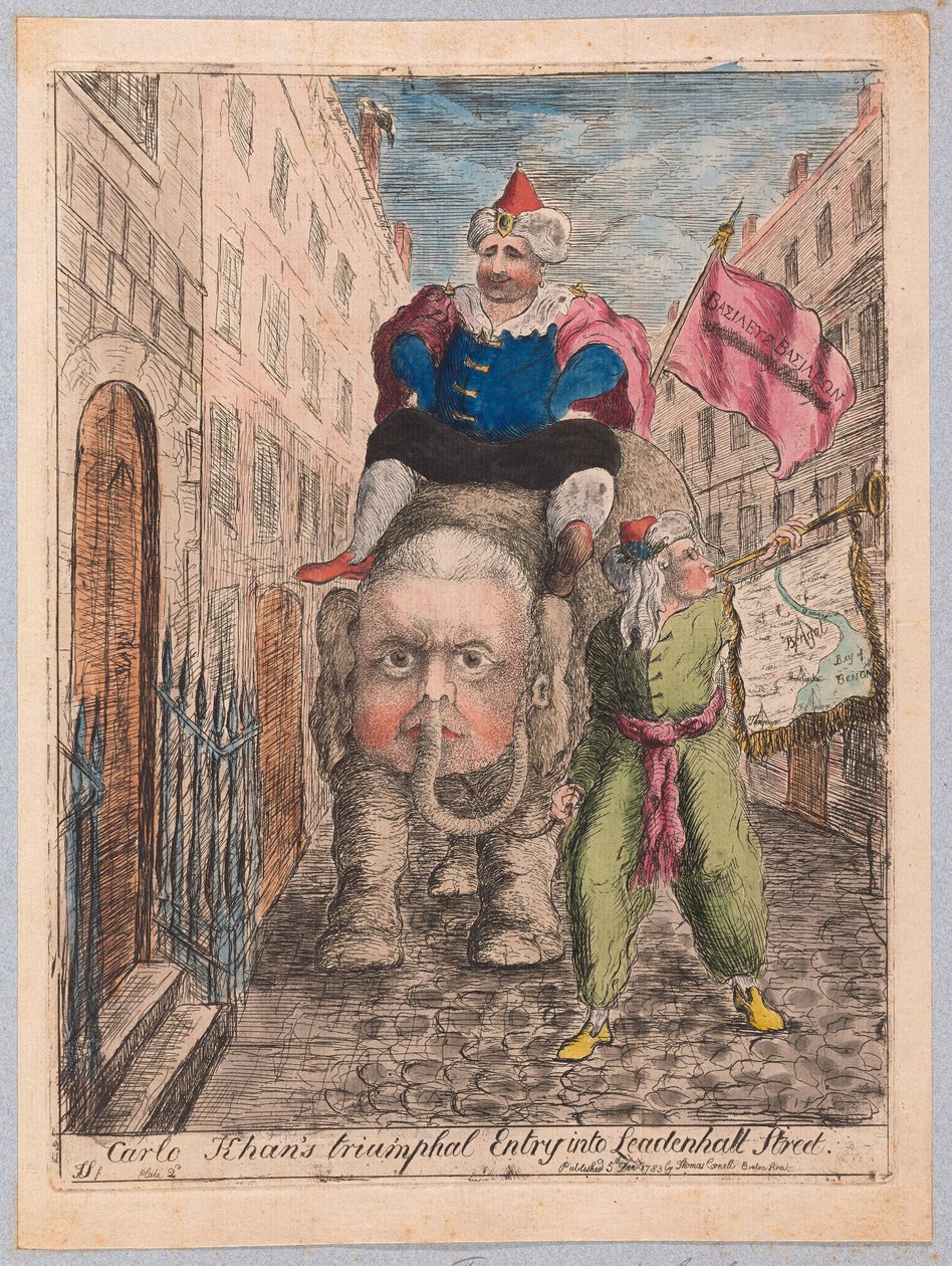 Carlo Khans triumphaler Einzug in die Leadenhall Street, veröffentlicht 1783 (handkolorierter Stich) von James Sayers