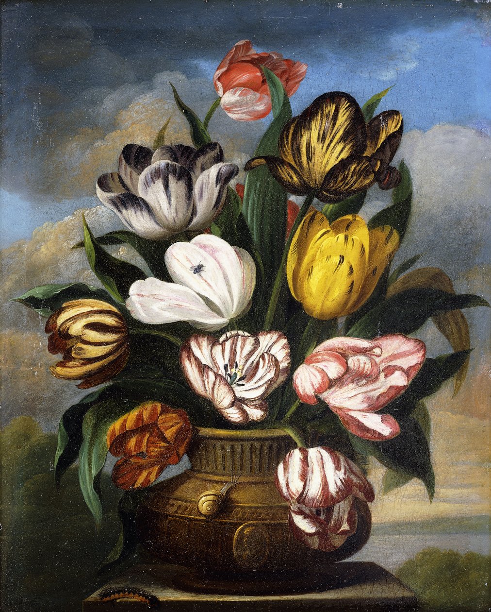 Tulpen in einer Vase, mit einer Raupe, einer Schnecke und einer Fliege, auf einem Sockel in einer Landschaft, 1826 von James Sillett