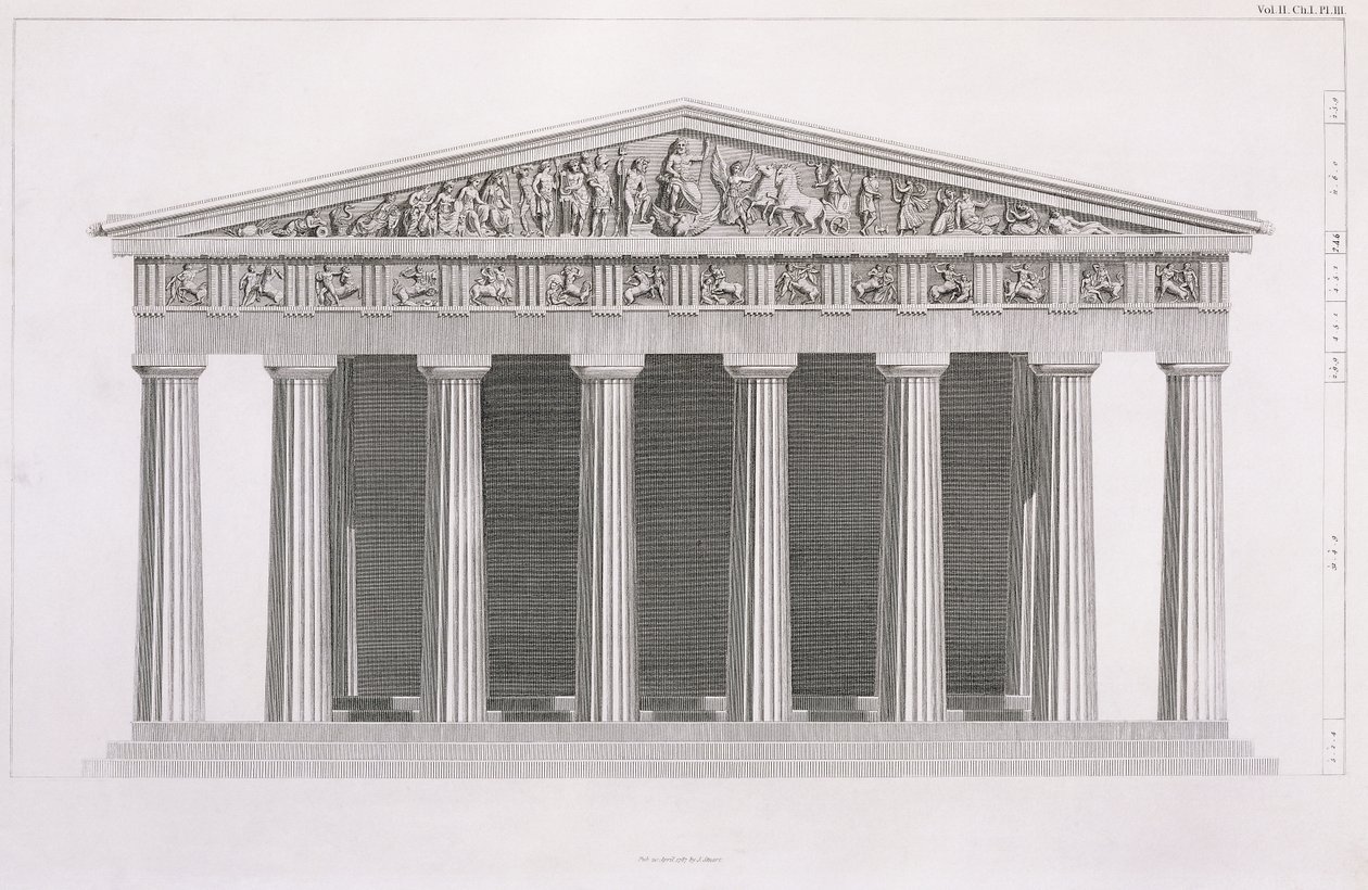 Vorderansicht eines klassischen Gebäudes, Band II, Kapitel I, Tafel III, aus "The Antiquities of Athens" von James Stuart von James Stuart