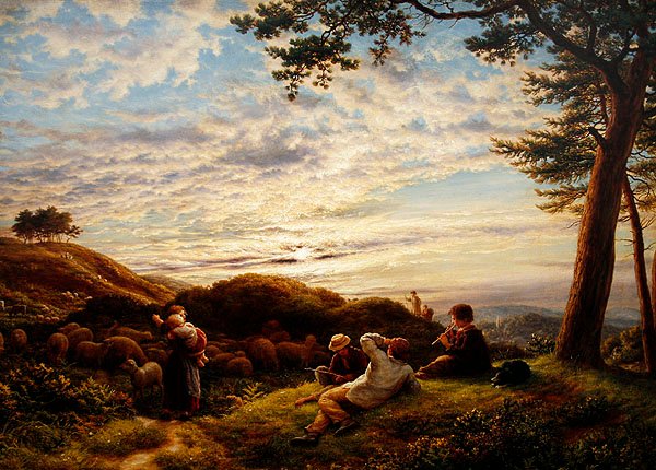 Hirtenjungen, die ihre Herde bei Sonnenuntergang hüten von James Thomas Linnell