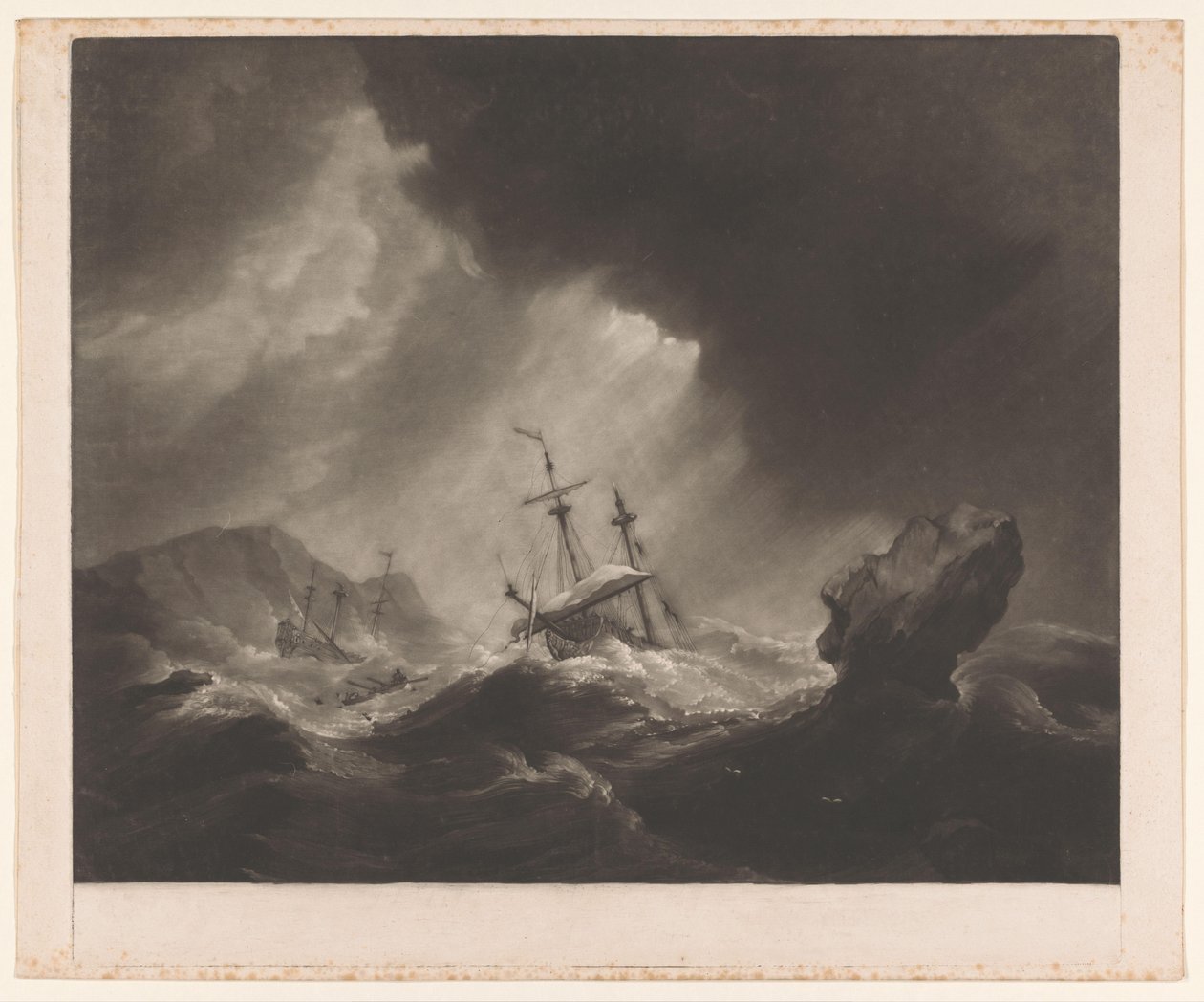 Sturm auf See mit Schiffbruch und sinkendem Schiff von James Watson (prentmaker)