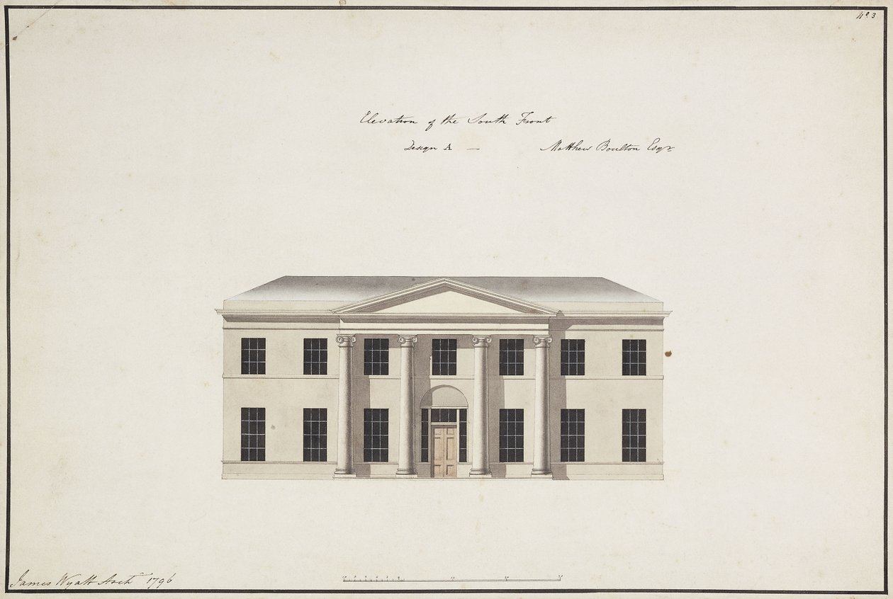 Soho House: Plan des Erdgeschosses; Plan des Schlafzimmers; Ansicht der Südfront, Entwurf A, Ansicht der Südfront, Entwurf B, und Ansicht der Nordfront, 1796 von James Wyatt