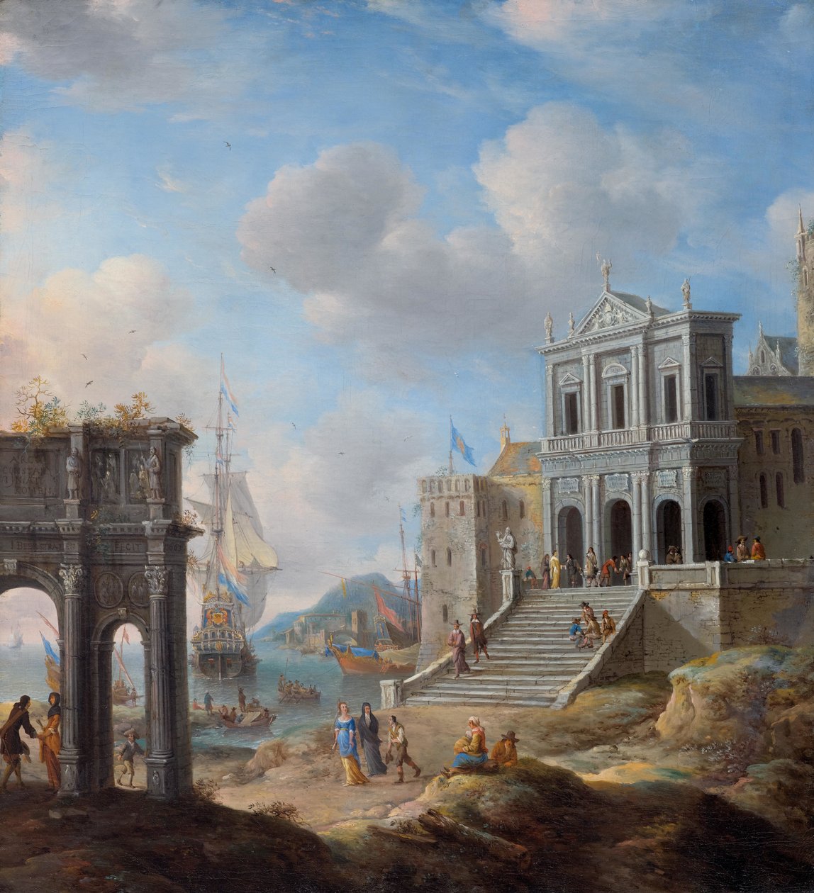 Capriccio mit dem Konstantinsbogen und der Kirche San Gregorio Magno al Celio neben einem Hafen von Jan Abrahamsz. Beerstraten