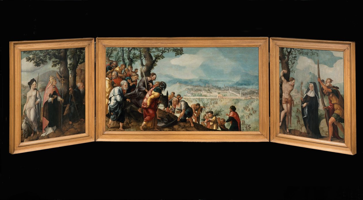 Triptychon mit dem Einzug Christi in Jerusalem, Heiligen und auf den Außenseiten der Flügel, Stiftern der Familie Van Lokhorst von Jan van Scorel