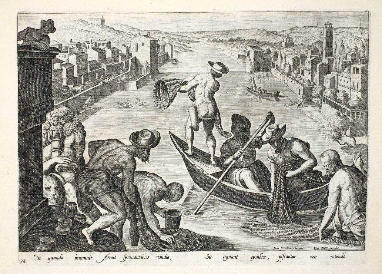 Fischen auf dem Arno mit Booten und Netzen, Illustration aus 