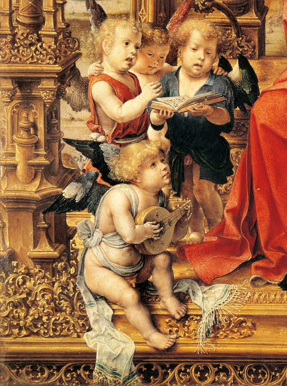 Engel, die Musikinstrumente spielen, Detail aus dem zentralen Panel des Malvern-Triptychons von Jan (c.1472-c.1533) Gossaert