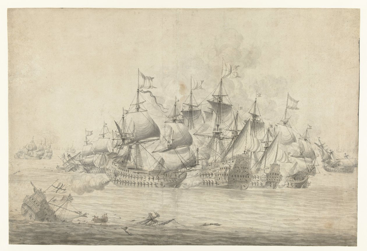 Eine Seeschlacht, möglicherweise bei Lowestoft am 13. Juni 1665 (rechter Teil) von Jan Abrahamsz. Beerstraten (possibly)