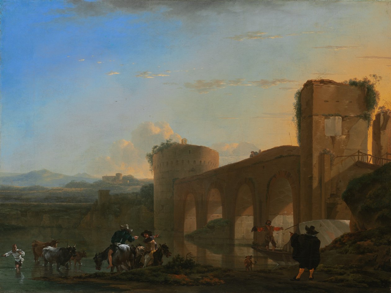 Der Tiber mit der Ponte Molle bei Sonnenuntergang von Jan Asselijin