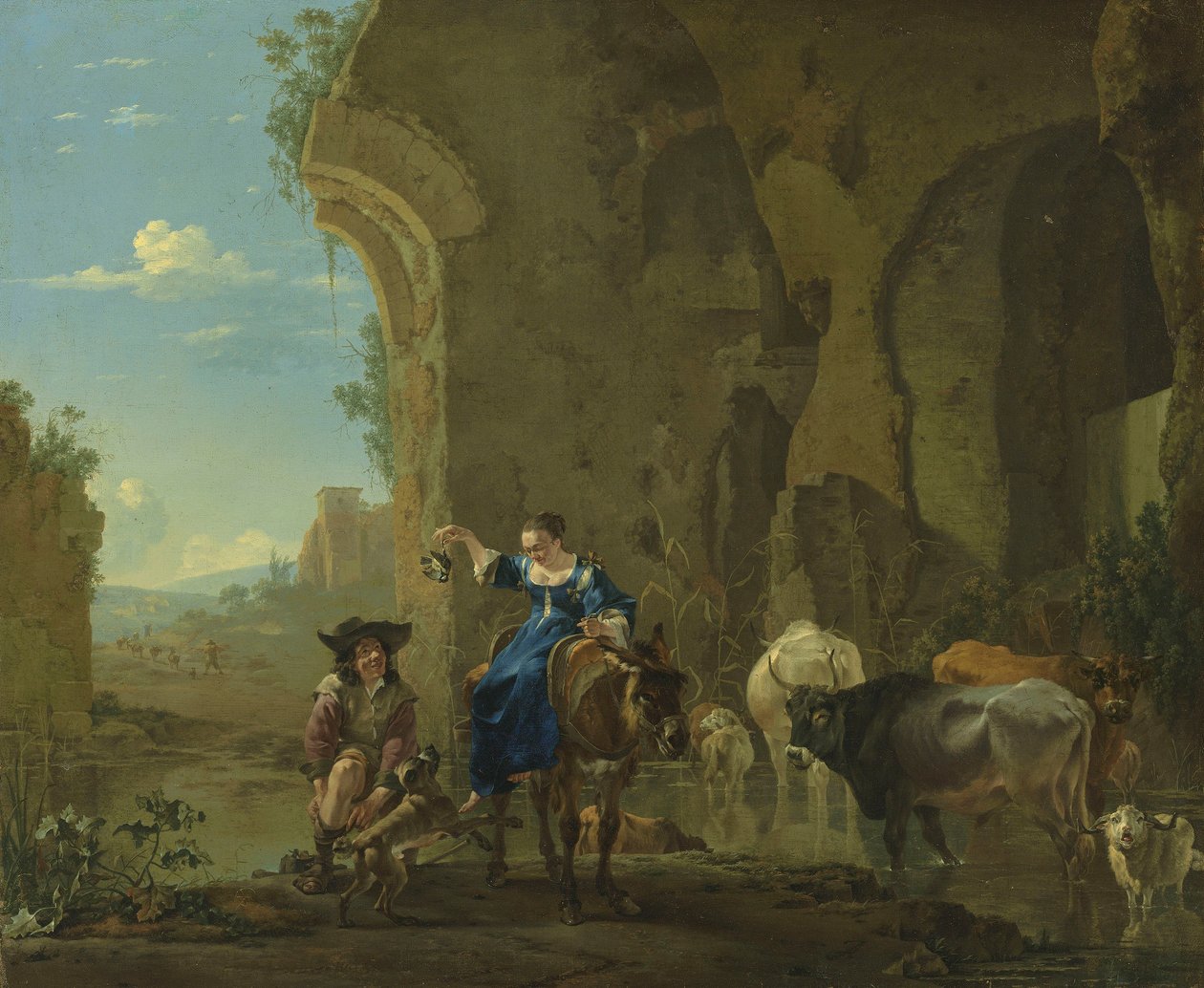 Italienische Landschaft mit Reisenden an einem Bach mit Vieh von Jan Asselijn