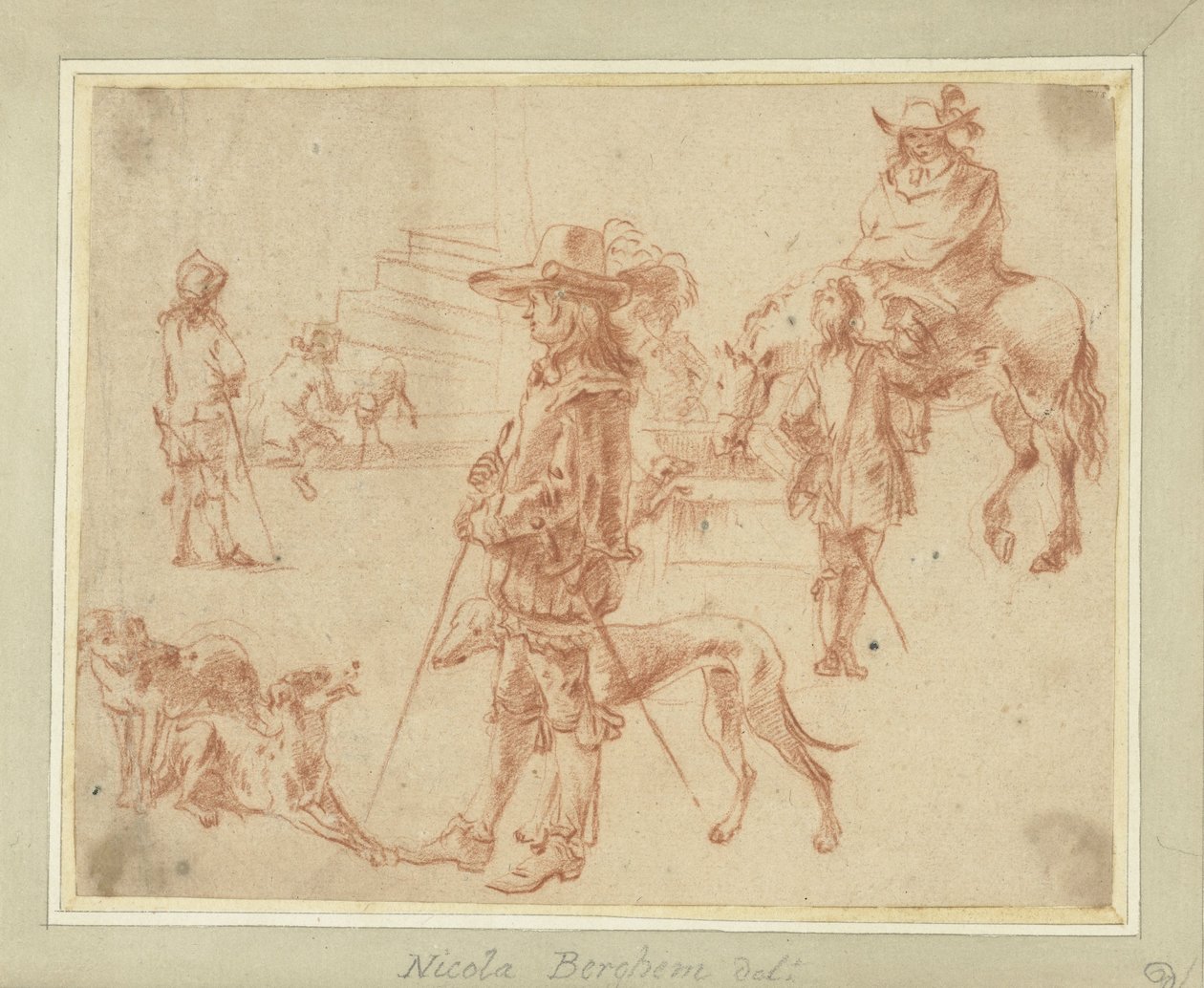 Blatt mit Studien von Jägern, Pferden und Hunden von Jan Blom