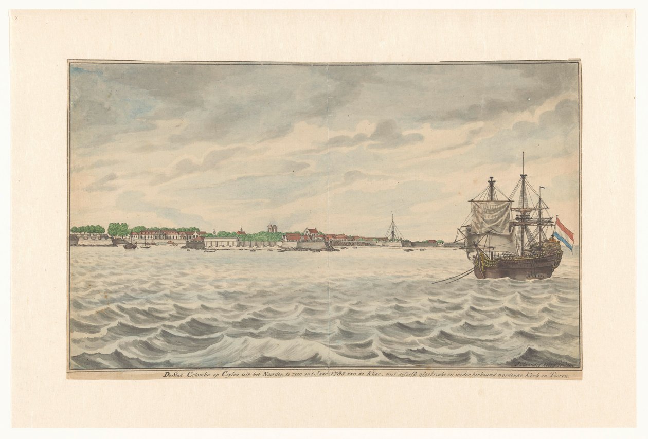 Die Stadt Colombo auf Ceylon, vom Norden aus gesehen im Jahr 1785, mit ihrer abgerissenen Kirche und ihrem Turm, die wieder aufgebaut wurden von Jan Brandes (signed by artist)